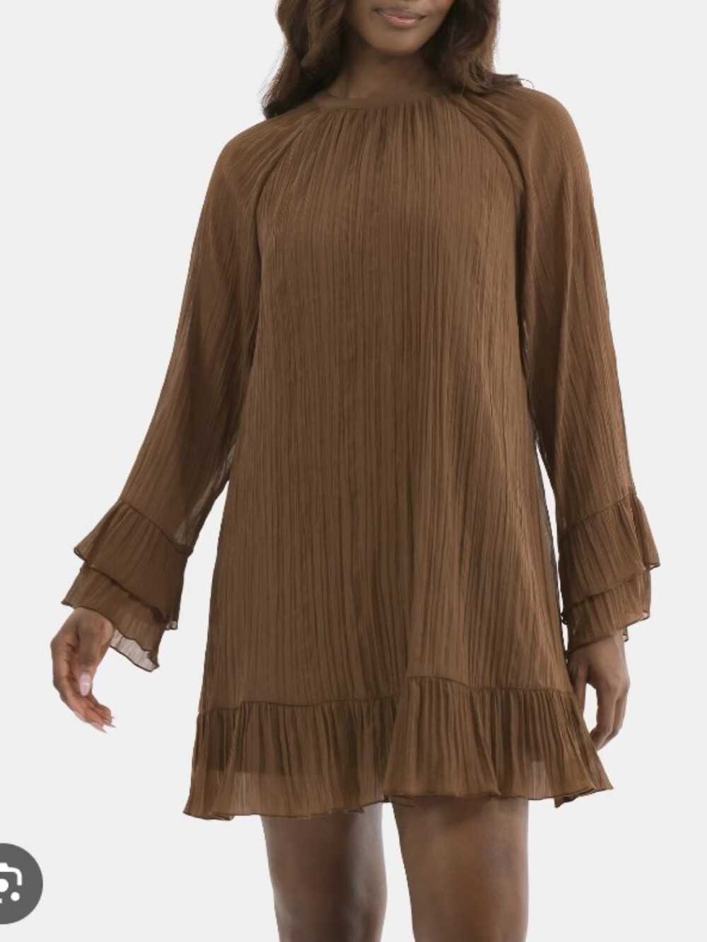 NWT Time and Tru Womens Size XXXL Brown Crinkle Long-Sleeve Mini Dress